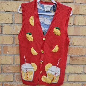 Red Knit Vest with Lemonade and Taco Design